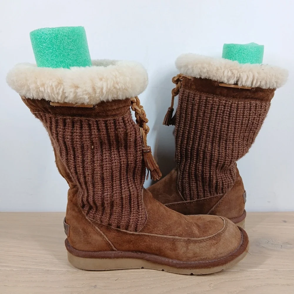 UGG Boots Womens 7 Chestnut Suede Knit Shearling Lined Cozy Winter